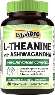 L Theanine Supplement 200mg | 7 in 1 L-Theanine with Magnesium Glycinate, Ashwagandha, Inositol, Vitamin B1 B2 B6 | No Gluten, for Calm, Relaxation, Sleep & Focus Support, 60 Vegan Caps