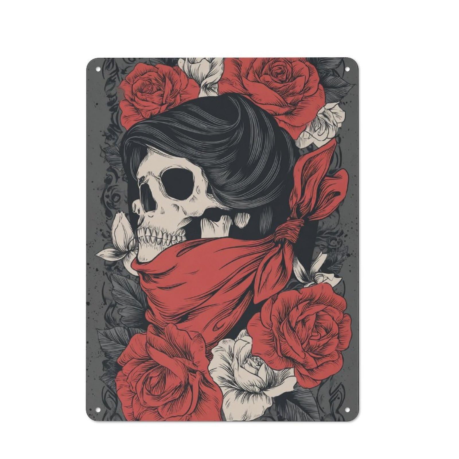 Junmoney Skull & Roses -3 Retro Metal Sign 40X30cm For Lounge Or Reading Corner, For An Autumn Wall Display In Lounge And Reading Corner