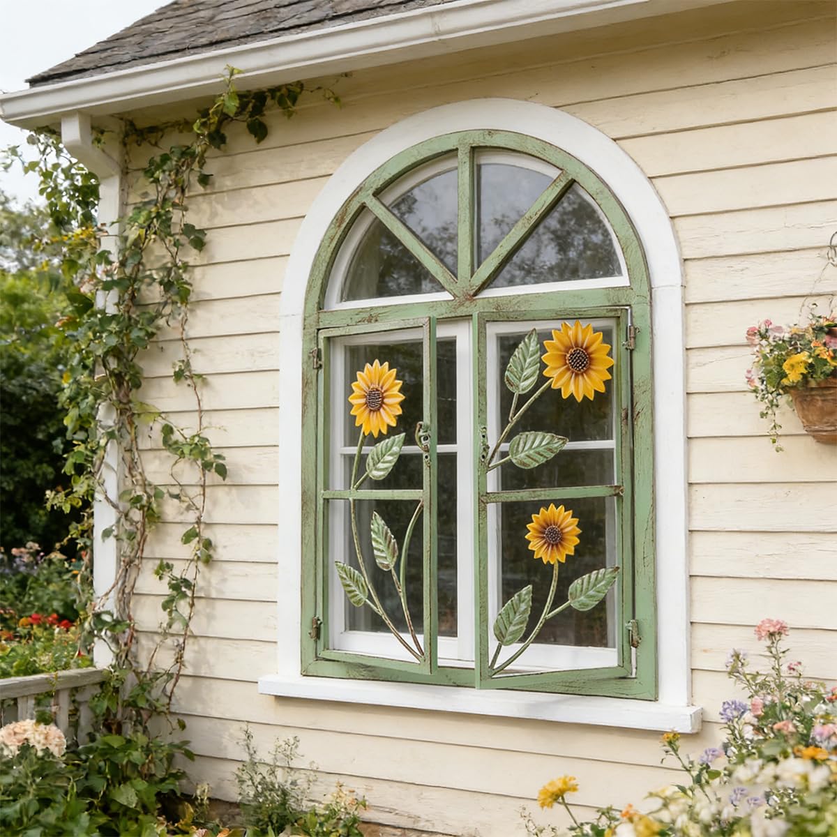 Rustikale Deko-Fenster mit Bogen zum Öffnen Stallfenster auf Platte Eisenfenster Scheunenfenster Wetterfest Fensterrahmen Fensterladen Fenster Attrappe Wanddekor für Gartendeko Grün S