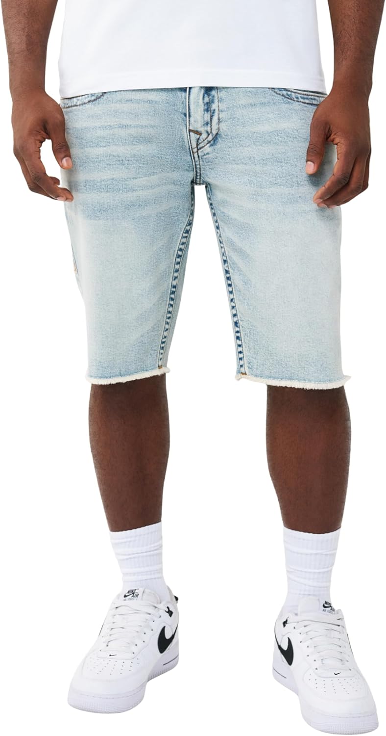 True Religion Men’s Ricky Frayed Hem Denim Short – Relaxed Fit, Raw-Cut Hem, Horseshoe Detailing – Playmaker Faded Indigo Lt Wash, 27