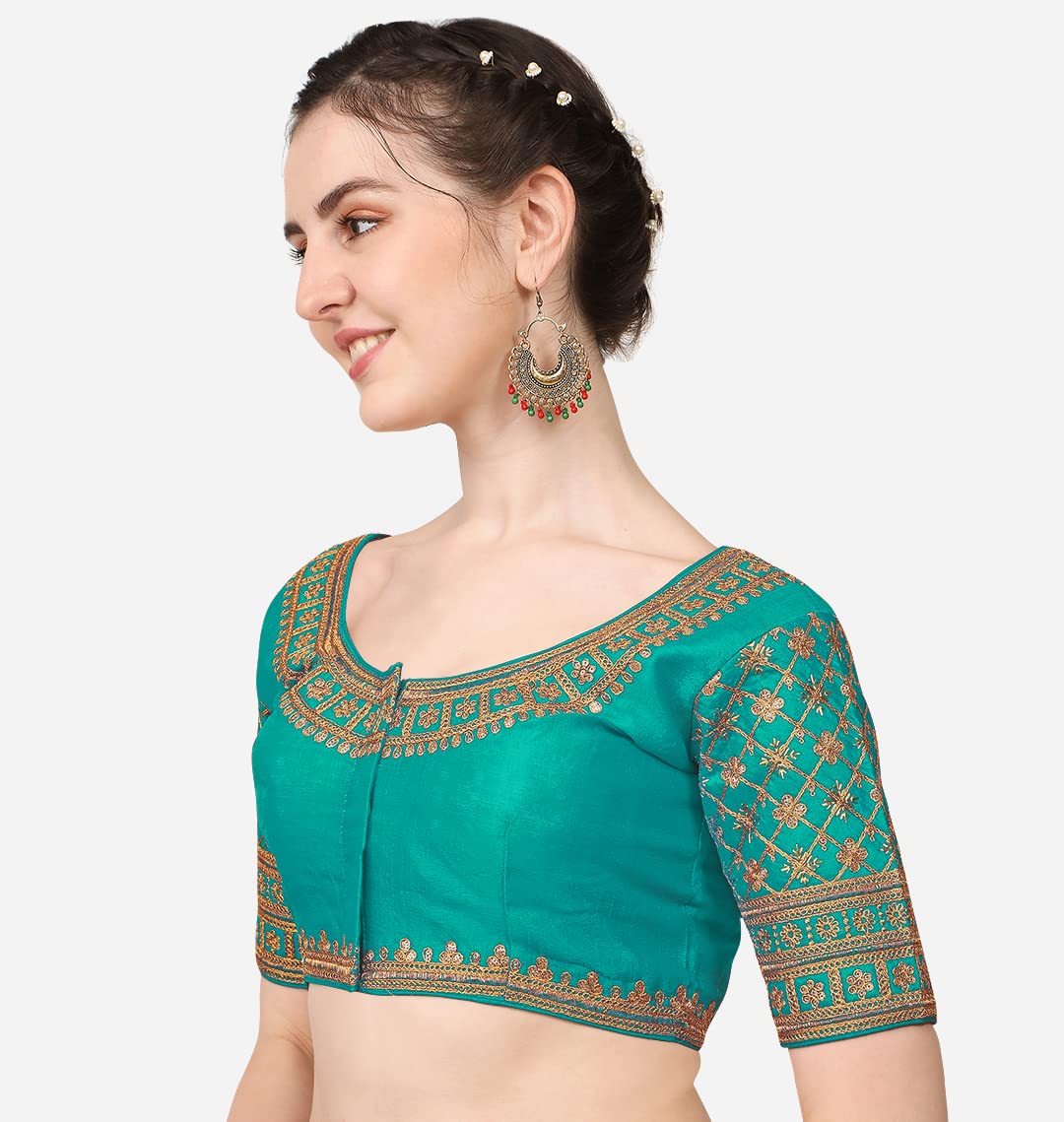 Pujia Mills Women's Silk Floral Half Sleeve Regular Blouse (Rasiya Rama 38)
