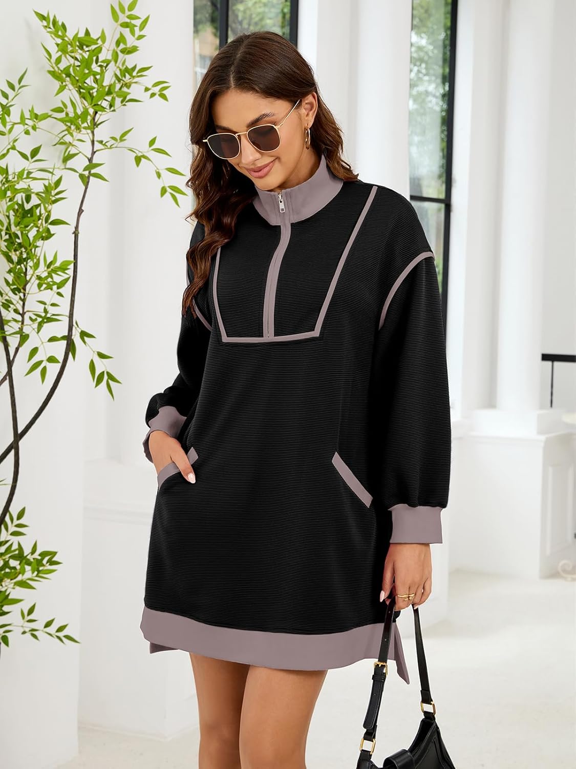 Womens Long Sleeve Sweatshirt Dress Oversized Half Zip Fall Loose Fit Casual Dress with Pockets - Image 2