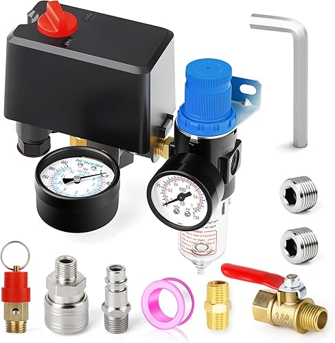 Miniatura 21 de MEANLIN MEASURE Válvula de control del interruptor de presión del compresor de aire 120-150 PSI 110V-240V Piezas de repuesto de 1 vía Con manómetro