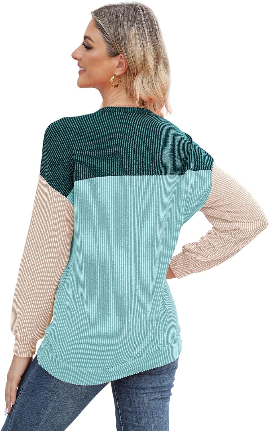 AXOSY Women Long Sleeve Shirts Oversized Crewneck Tunic Colorblock Sweatshirt Loose Fashion Pullover Top - Image 2