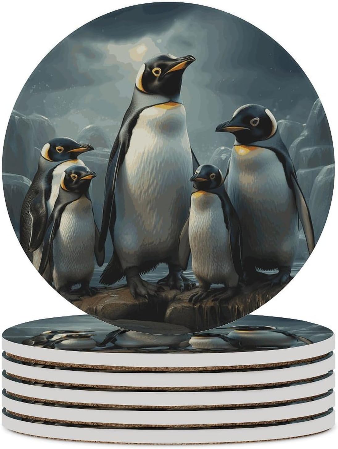 Penguin Family Coasters Round Coasters Set Ceramic Stone Coaster with Cork Base Coffee Cup Beverage Cup Mat Cute Funny Table Drinks Coaster for Mugs and Cups Office Kitchen