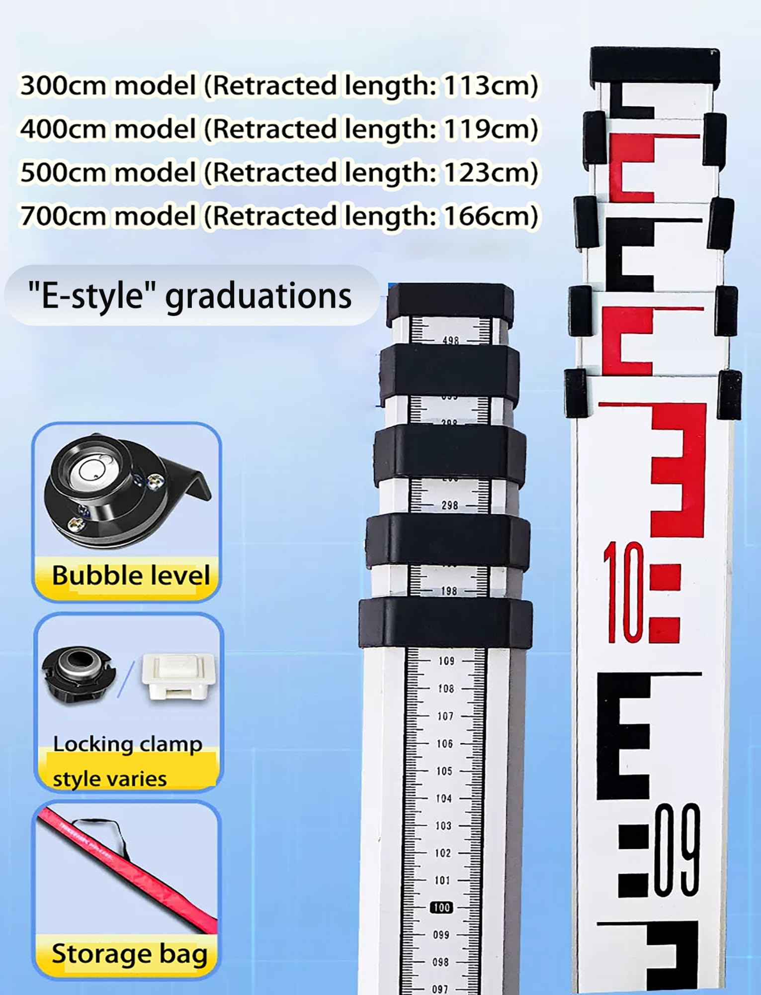 Mira telescópica 300-700 cm de aleación de aluminio portátil | Marcas "E-scale", varilla telescópica antioxidante para medir altura y profundidad del agua(400cm)