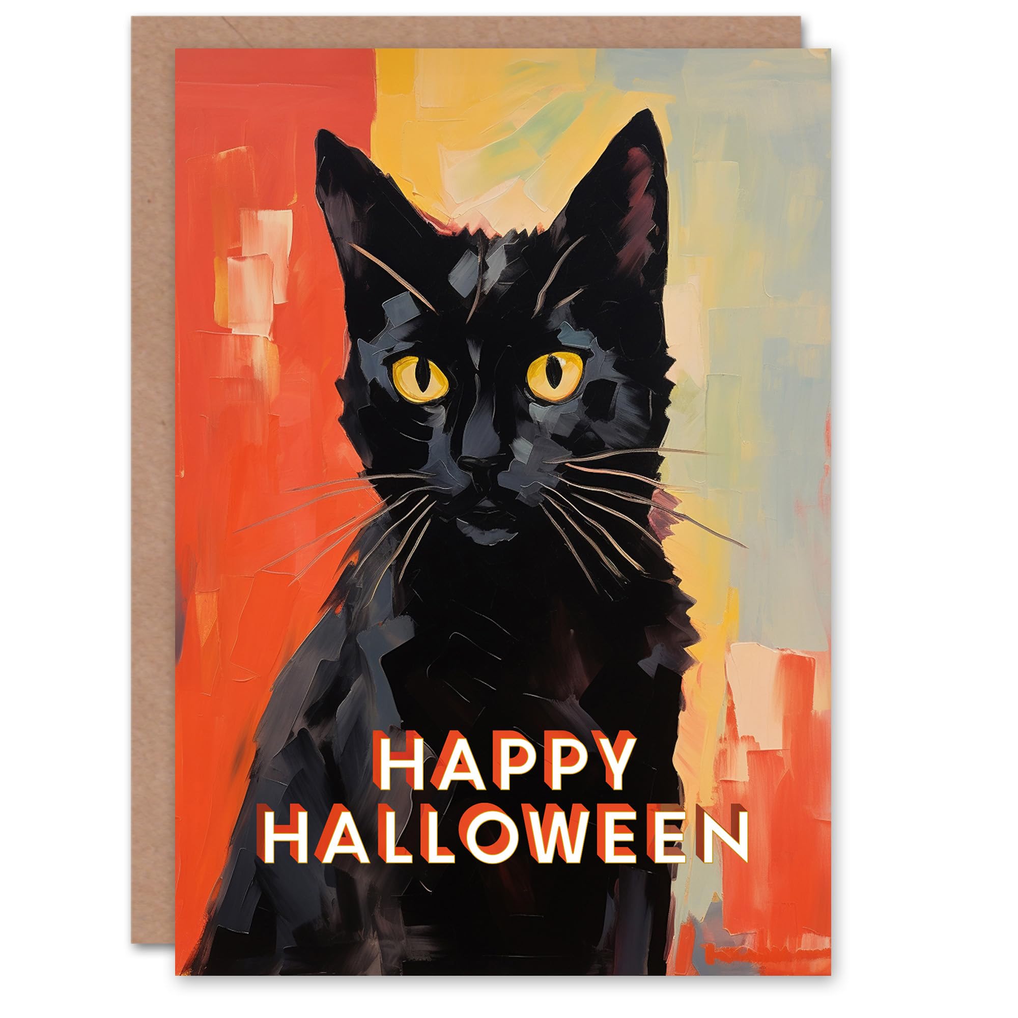 Artery8 Halloween Greeting Card Black Cat Lover Painting For Him Her
