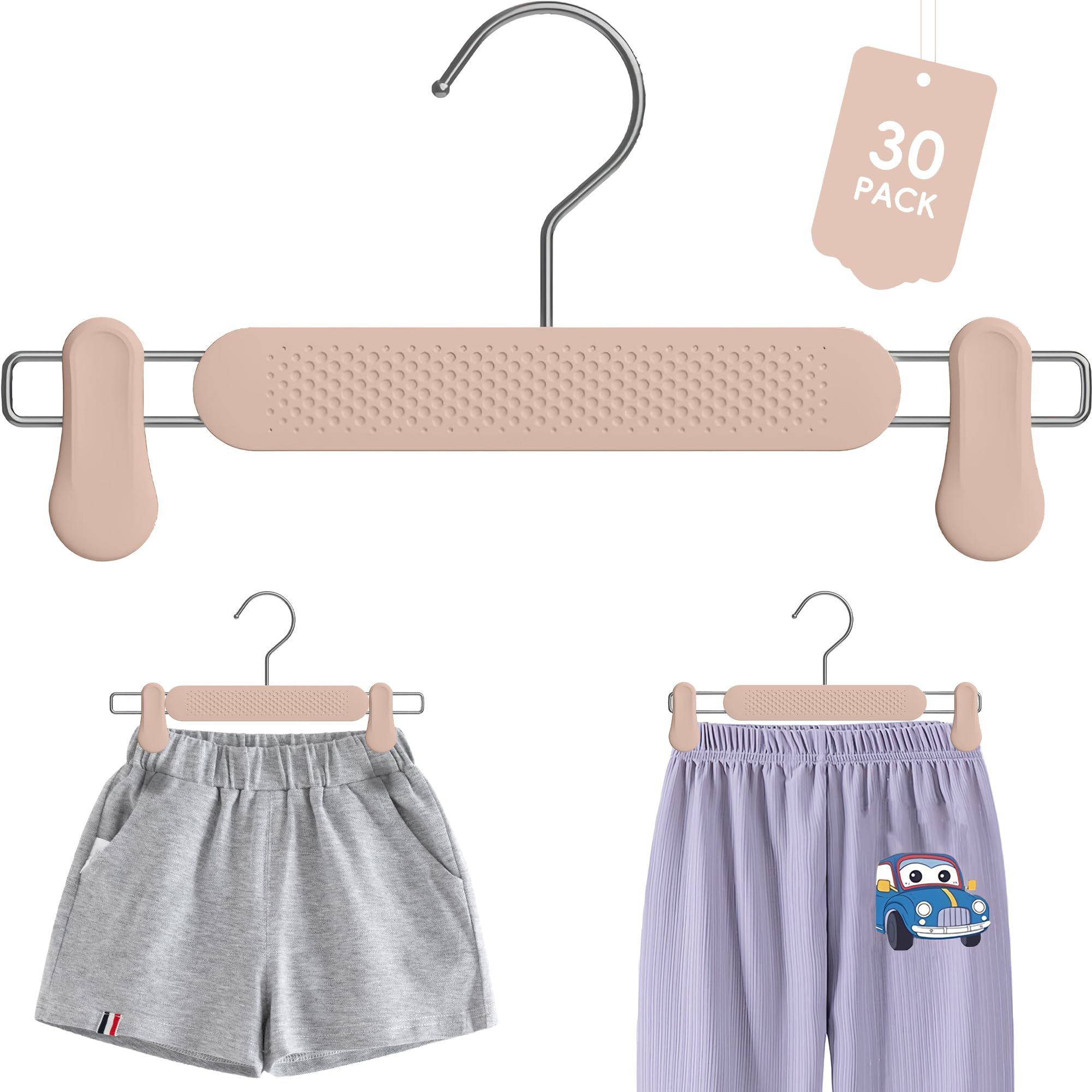 Confezione da 30 grucce per gonne e pantaloni, in rilievo, con clip, regolabili, resistenti, per bambini, bambini, pantaloncini, salvaspazio, antiscivolo, con gancio girevole a 360° (albicocca)