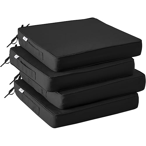 Outdoor Chair Cushions Set of 4,Waterproof Outdoor Seat Cushions for Patio Furniture,Patio Chair Cushion with Handle and Ties, Square Out Door Chair Pads,19" x 19" x 3", Black
