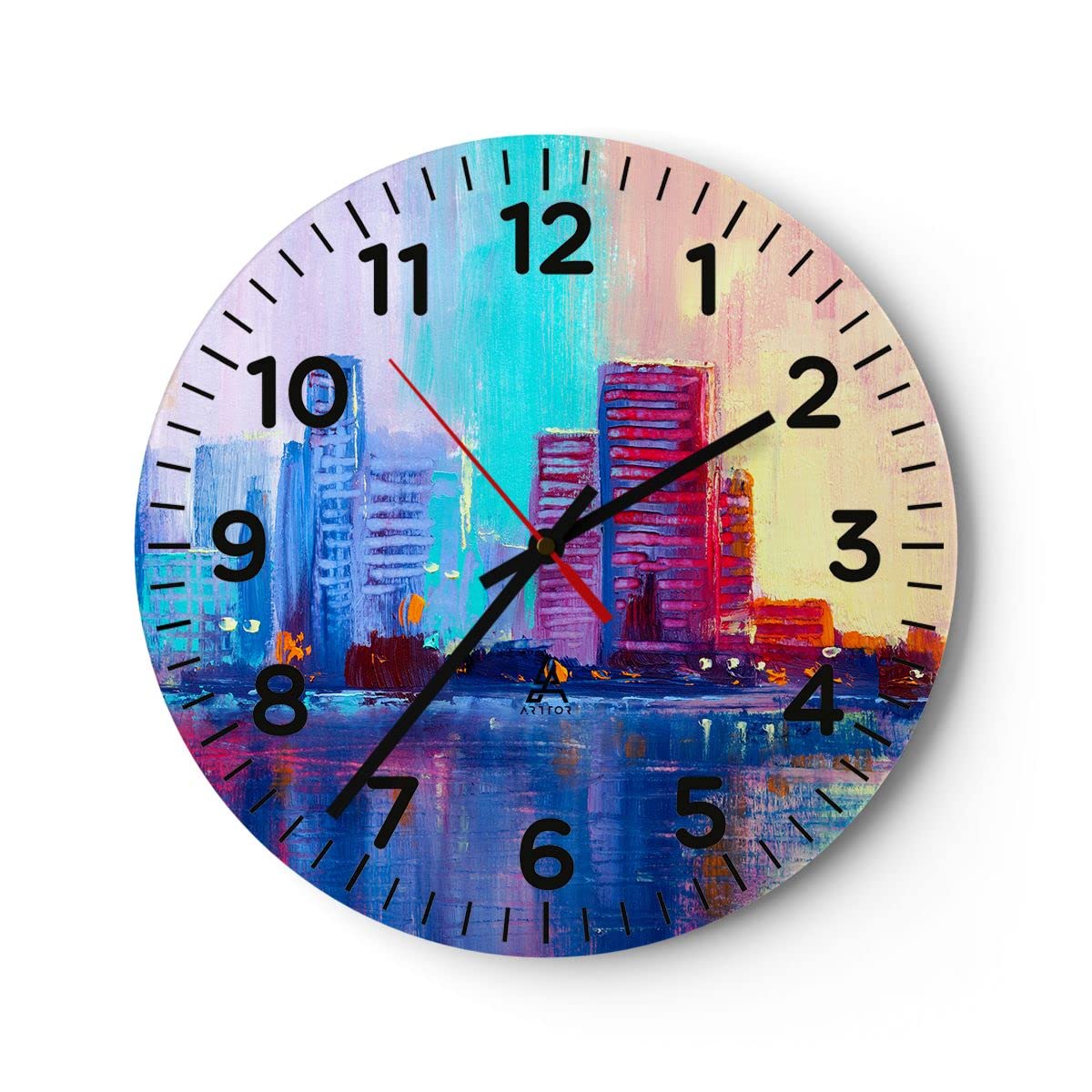 ARTTOR Zegar ścienny na szkle 40x40 cm Nowoczesny miasto dom ulica Cichy zegar na ścianę Sypialnia Kuchnia Deko Dekoracja ścienna Salon Wall Clock Dekor Duży C4AR40x40-4023