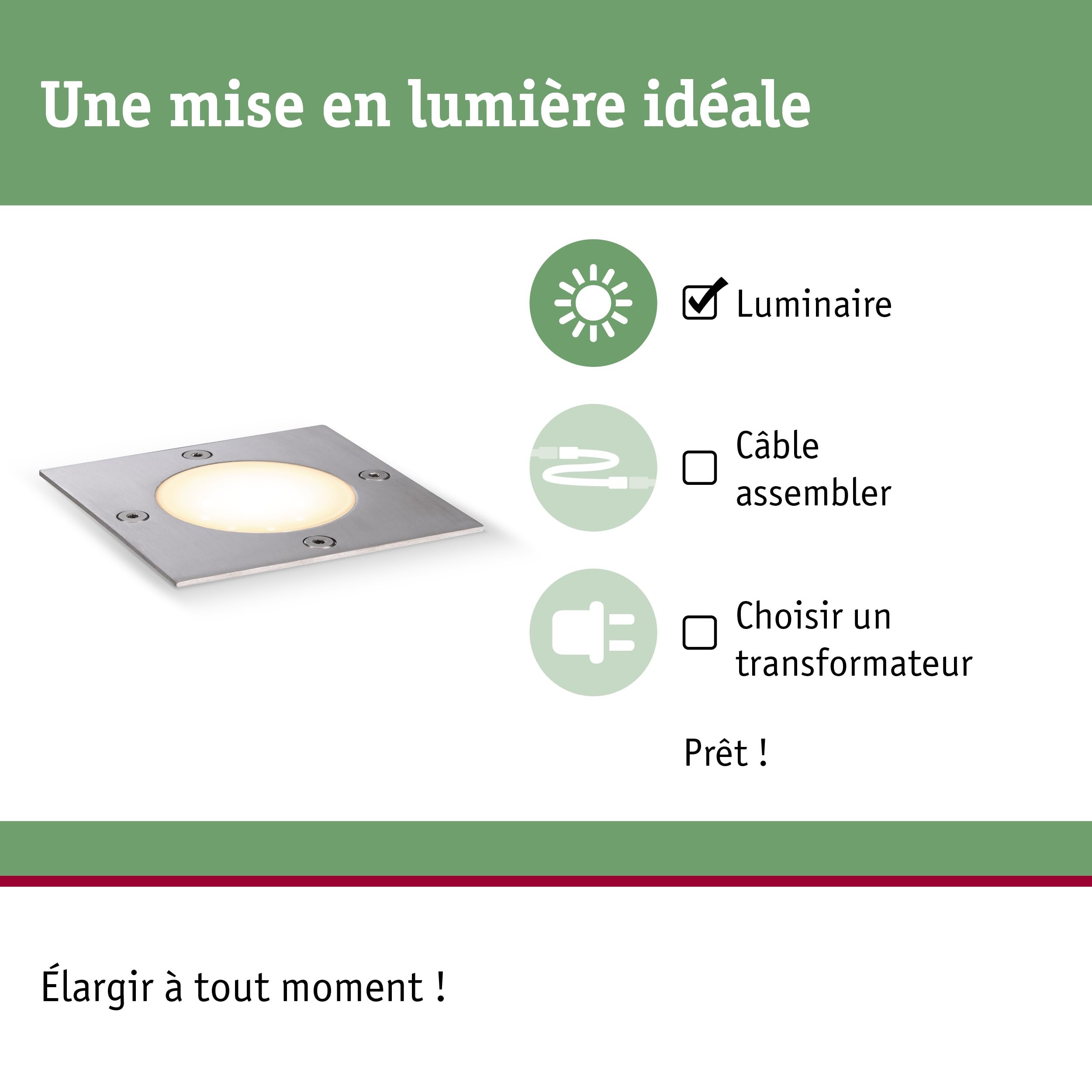 Paulmann 94227 Plug & Shine luminaire d'extérieur LED Encastré sol carré incl. 1x3,6 watts IP65 gradable extérieur Acier inoxydable luminaire de jardin Métal, plastique éclairage de jardin 3000 K