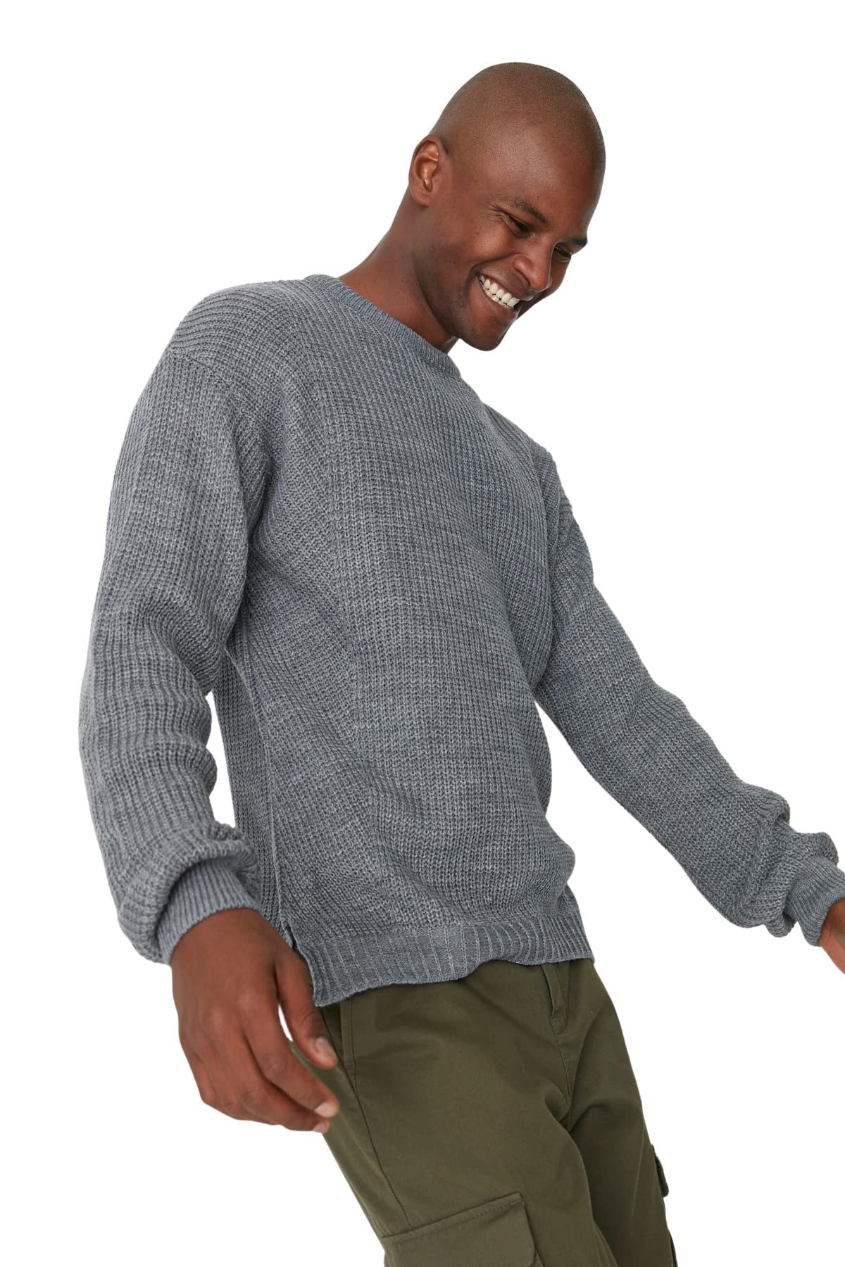 Trendyol Man Oversize Basic Crew Neck Knitwear Sweater Grau