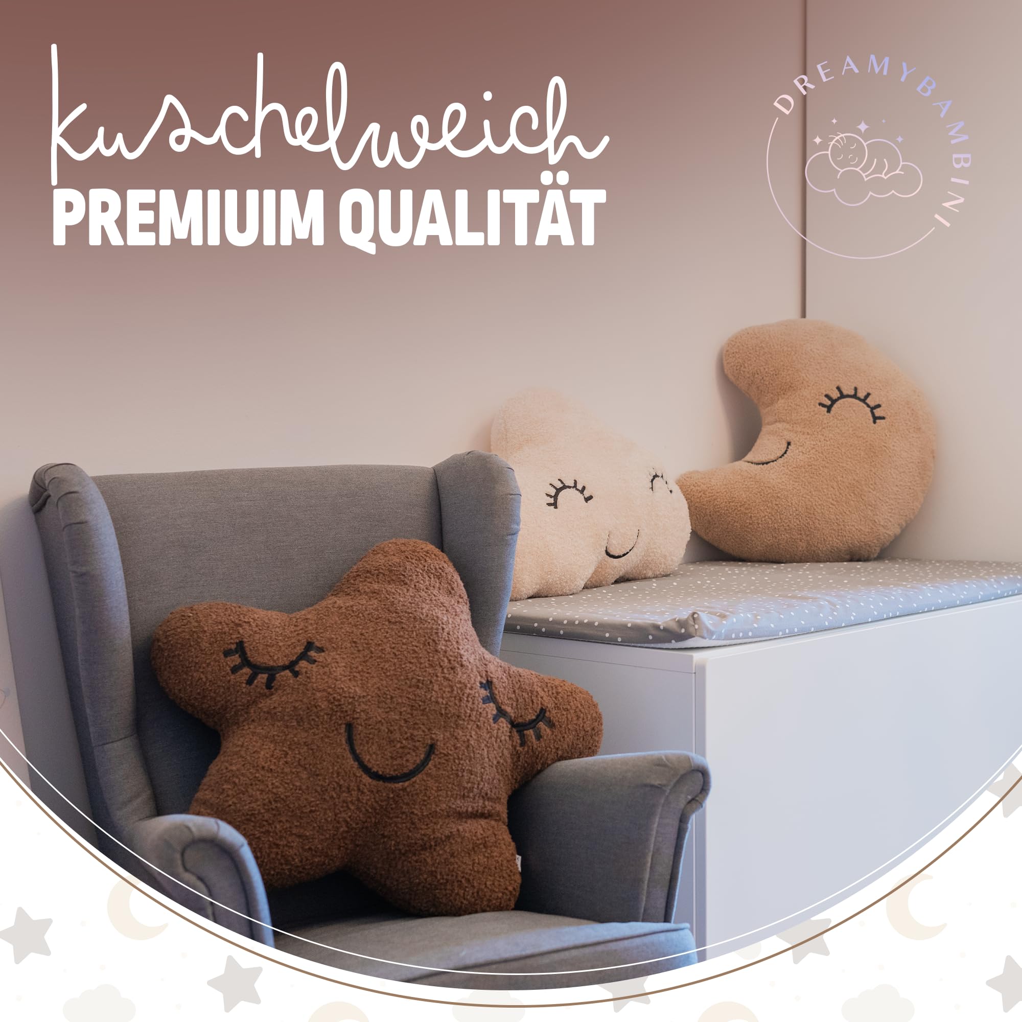 DREAMYBAMBINI Weiches 3er Set Deko Kissen mit Stern Kissen, Mondkissen und Wolken Kissen mit Bezug und Füllung aus 100% Baumwolle, Flauschiges Kuschelkissen für Sofa, Bett und Kinderzimmer Deko Baby