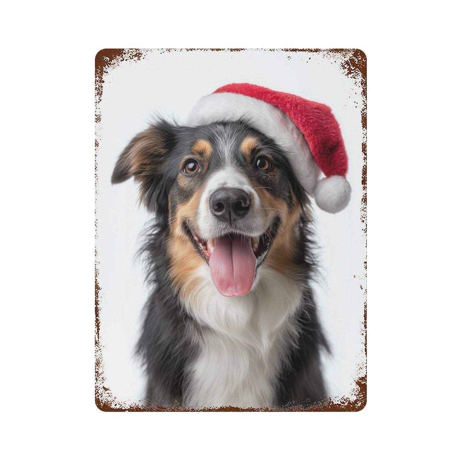 Collie Dog with Santa Hat Aged Metal Wall Plaque 15.7"x11.8", Industrial Home Decor for Pub, Kitchen And Man Cave Decor