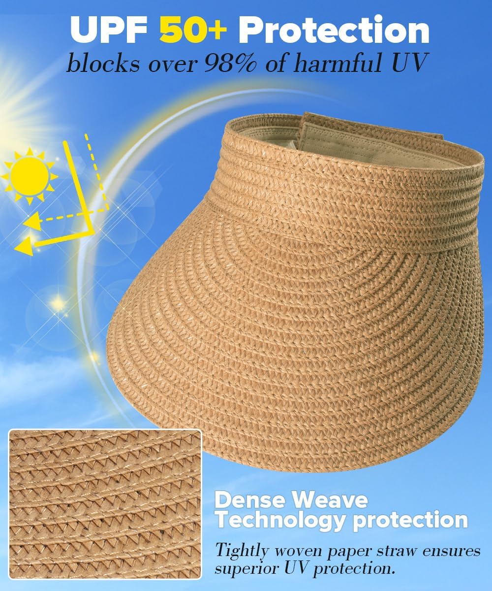 EW EastWater Beach Sun Visor Hats for Women, Wide Brim UPF50+ Sun Protection Straw Hat Packable Foldable for Summer - Image 3