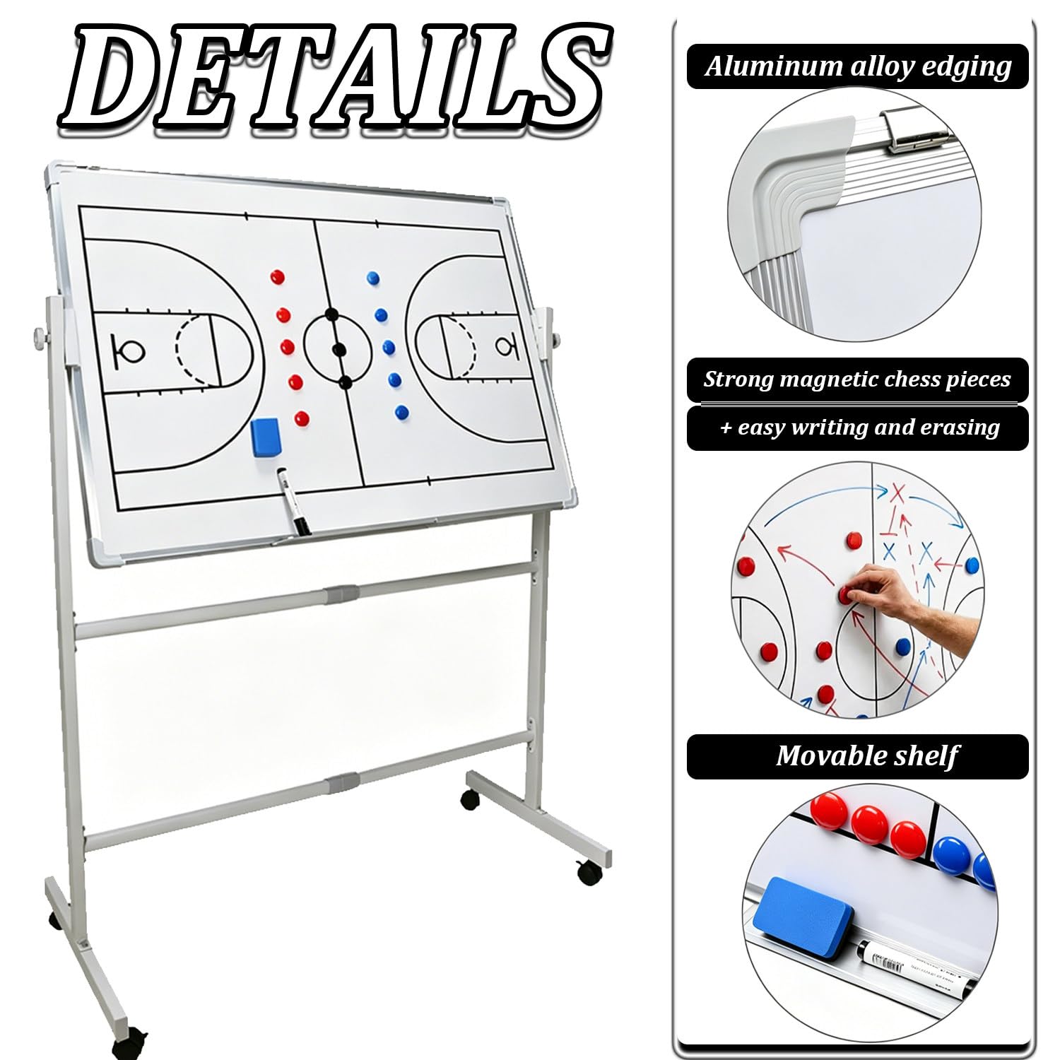Mobilna tablica szkoleniowa na kółkach, dwustronna tablica trenerska z diagramem boiska, metalowy stojak z regulacją wysokości, kółka jezdne, akcesoria magnetyczne Basketball