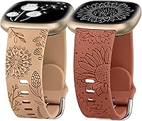 Vista 16 de Minyee Paquete de 2 correas grabadas florales compatibles con Fitbit Versa 4/Versa 3/Sense 2/Sense Band para mujer, lindo diseño de girasol