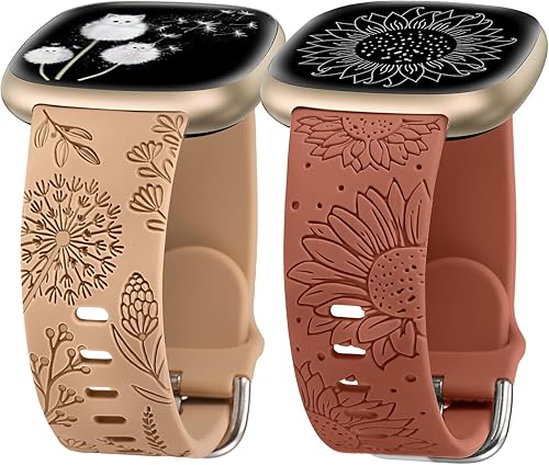 Miniatura 16 de Minyee Paquete de 2 correas grabadas florales compatibles con Fitbit Versa 4/Versa 3/Sense 2/Sense Band para mujer, lindo diseño de girasol