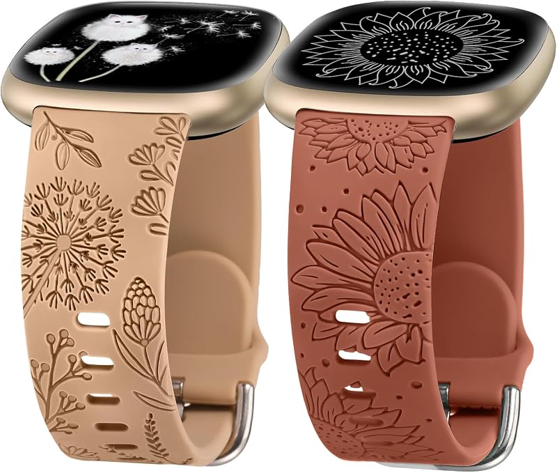 2 Packs Floral Engraved Band Compatible with Fitbit Versa 4/Versa 3/Sense 2/Sense Band Women, Cute Silicone Dandelion Sunflower Design Soft Sport Fancy Summer Strap for Versa 4