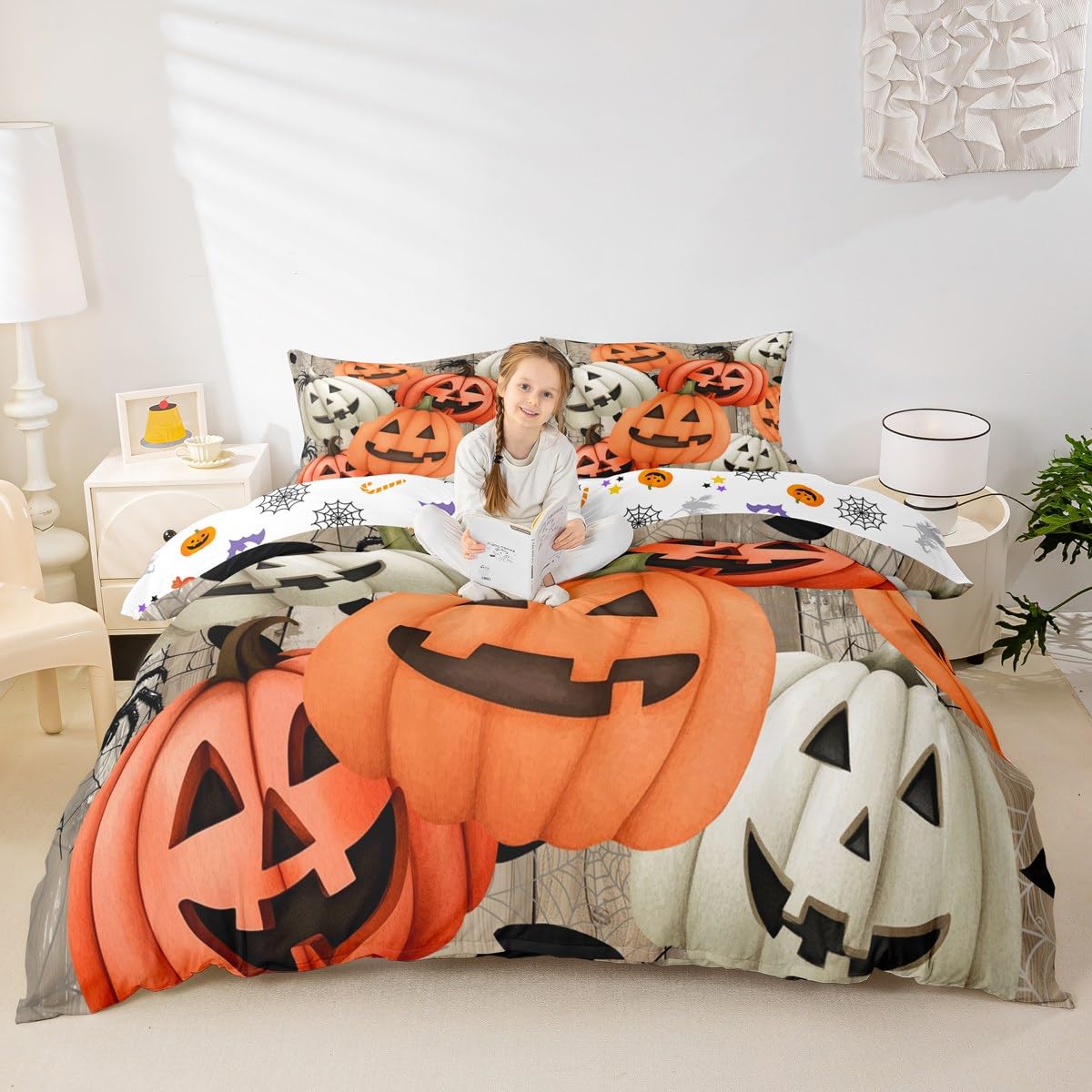 Homewish Halloween dynia poszewka na kołdrę super king śmieszne dynie zestaw pościeli gotycka pajęczyna poszewka na kołdrę dla dzieci chłopców dziewcząt, gotyckie jesienne dynie zestaw pościeli