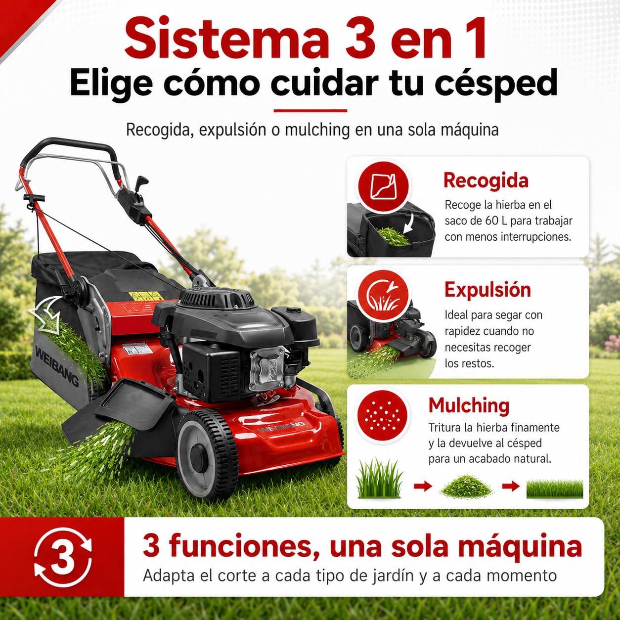 WEIBANG Cortacésped a Gasolina WB 506SC, Motor Loncin 166 CC, Corte 50 cm, Tracción, Función 3-en-1, Chasis de Acero