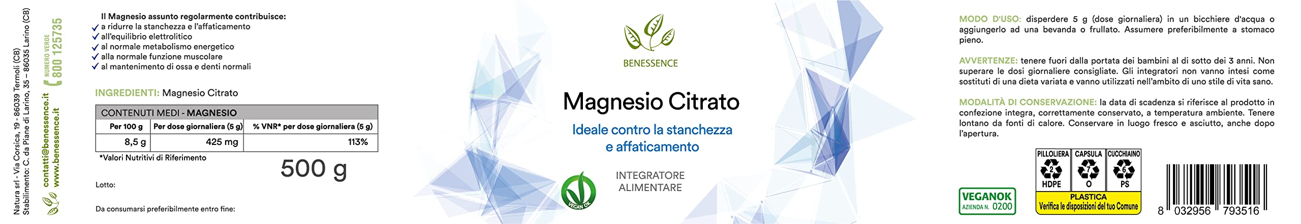 Benessence - Magnesio Citrato in Polvere solubile - 500g - 100 giorni di Integrazione