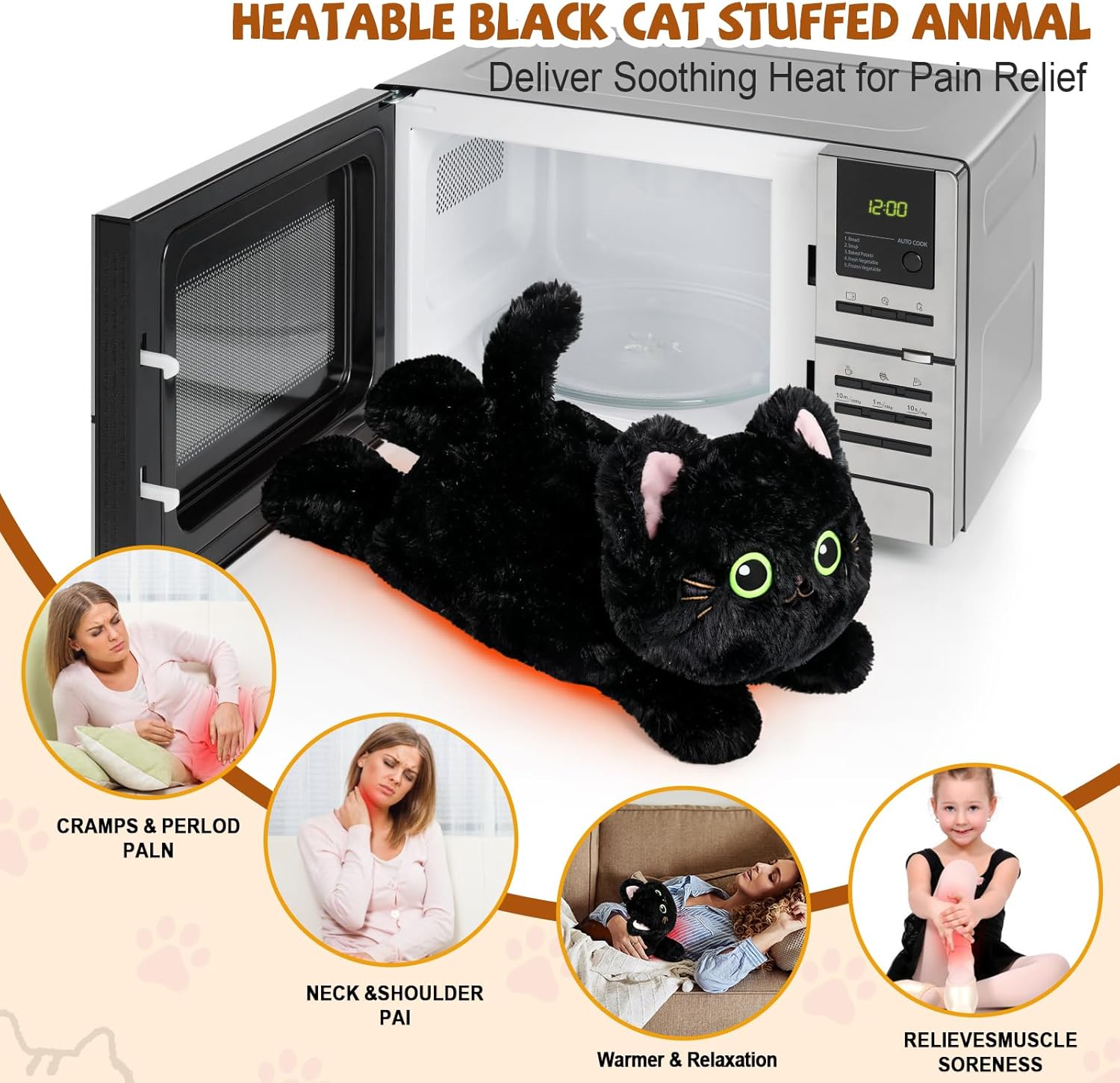 Microwave Heating Pad for Period Cramps - Heatable Black Cat Plush for Soothing&Relax with Lavender Scented, Weighted Stuffed Animals for Pain Stress Relief - Image 4