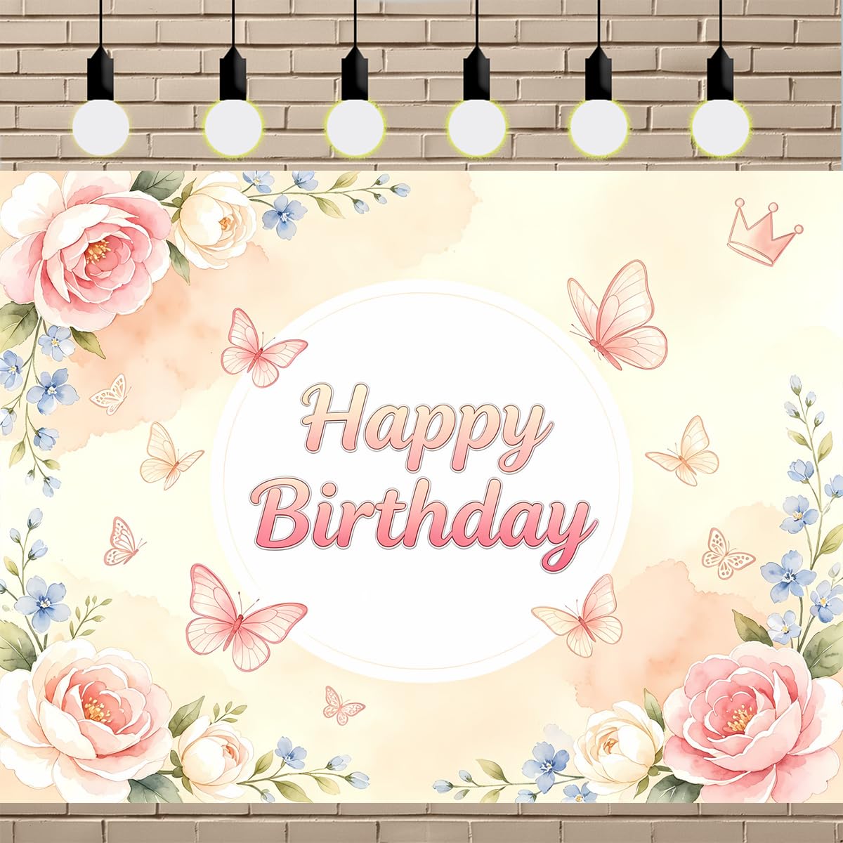 Pastelowe białe kwiatowe tło fotograficzne Happy Birthday, delikatna akwarela motyl i korona tło tkanina dla dziecka urodziny sesja zdjęciowa budka dekoracja