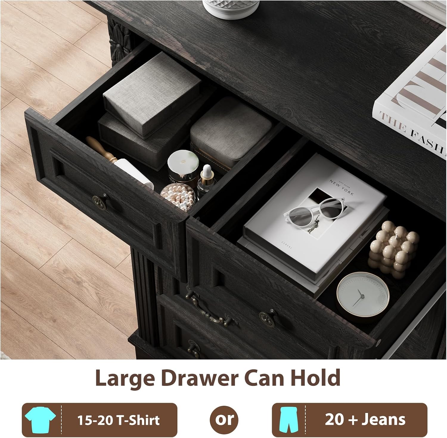 BLANKSPACE Black Dresser for Bedroom, Farmhouse 6 Drawers Dresser,Tall 6 Chest of Drawers Cabinet with Thickened Wood Carving for Home Office,Hallway