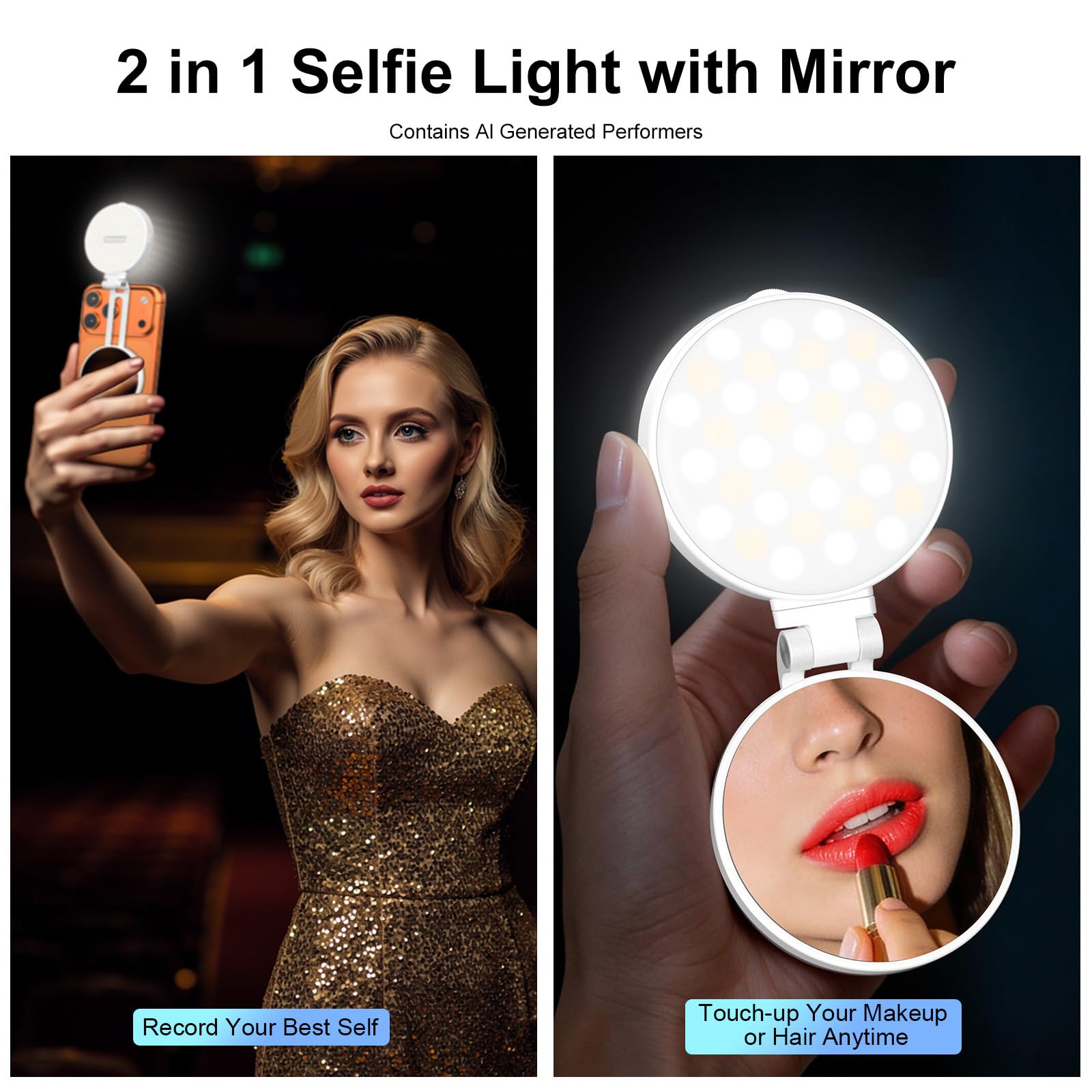Newmowa Lampe magnétique pour selfie, anneau lumineux extensible avec miroir, lumière LED rechargeable portable pour selfie//maquillage/vidéoconférence/appel zoom/TikTok, compatible avec tous les
