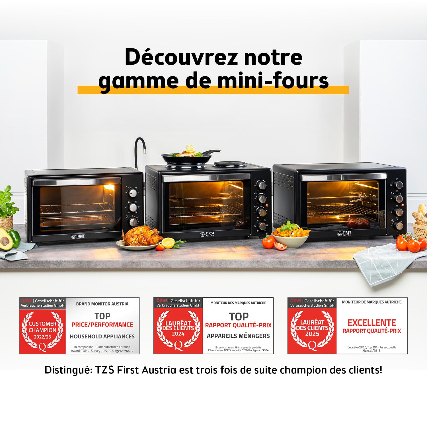 TZS First Austria - Mini-Four 35L 1600W - Four à pizza avec réglage de la température jusqu'à 230°C et revêtement antiadhésif - Avec minuteur de 60 min, 3 hauteurs d'insertion, plaque et grille