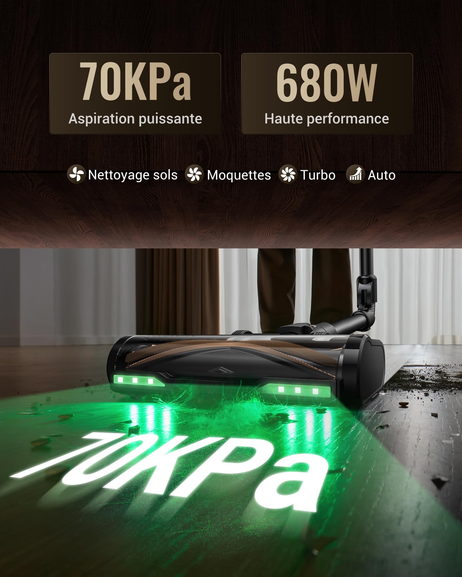 70Kpa Aspirateur Balai sans Fil,Proscenic 680W/70Min Aspirateur Laveur avec Nettoyage de Sol,Aspirateur Pliable sans Fil Puissant,Autoportante,Brosse Anti-Enmêlement pour Tapis,Poils Animaux,Voit