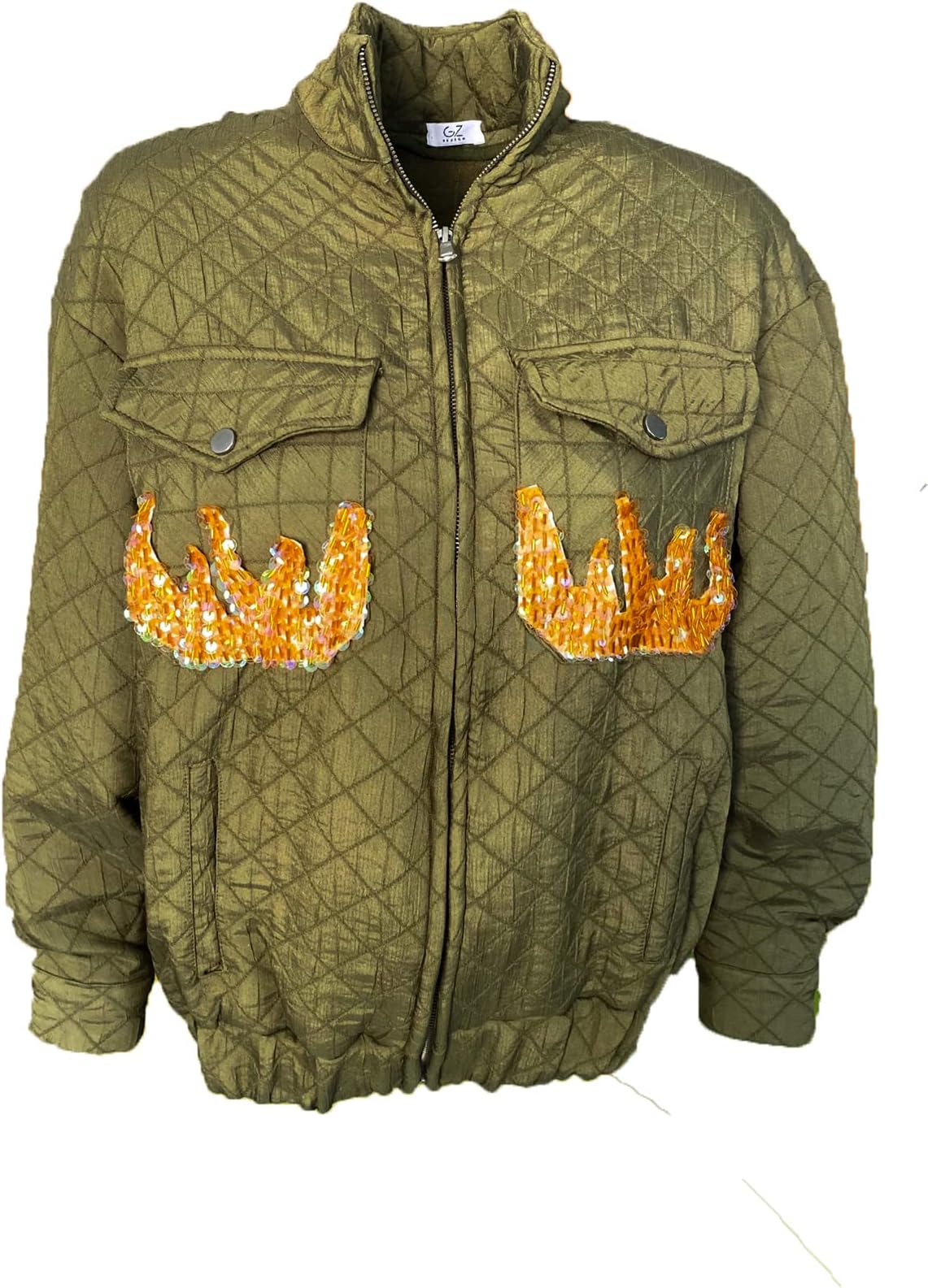 GZ DesignHandmade Orange Flame Embroidered Green Quilted Bomber Jacket