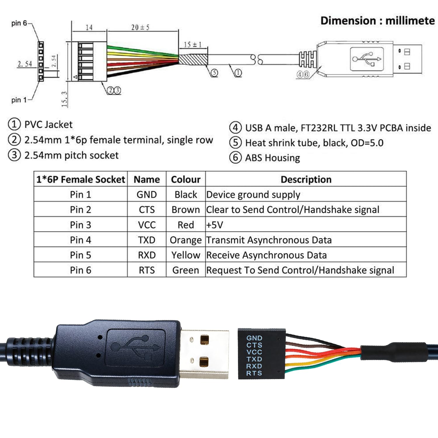 FTDI Chip USB a Serial TTL 3.3V UART Cable convertidor TTL-232R-3V3 USB a TTL Serial Cables, 6 vías, 6 pies/1.8 m