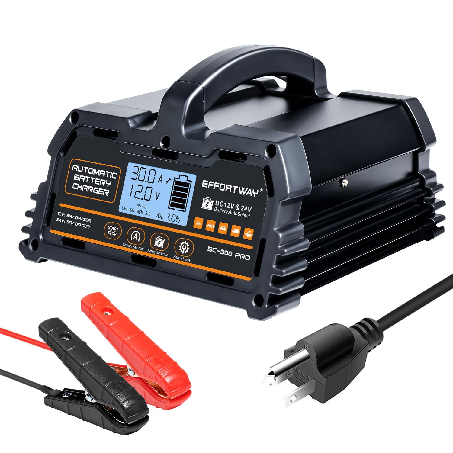 30A Battery Charger, 12V/24V Lead Acid, 12V LiFePO4. Smart Battery Charger with Trickle Charge. Car Battery Maintainer with LCD Display. Suitable for Trucks, Motorcycles