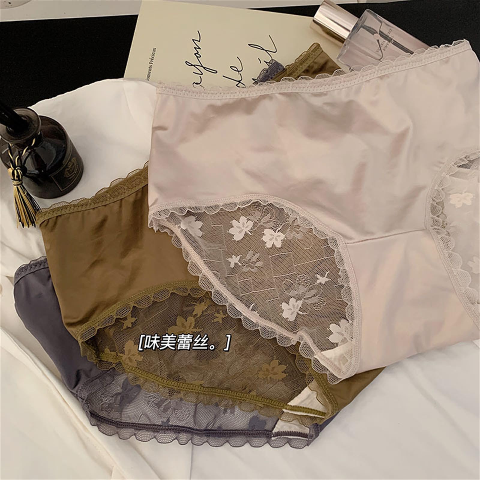 Bragas De Cintura Alta Mujer Packs De 5 Paquetes De Encaje De Satén Malla Mesh Mulberry Silk Entre Espina De Seda Mid-Cintura