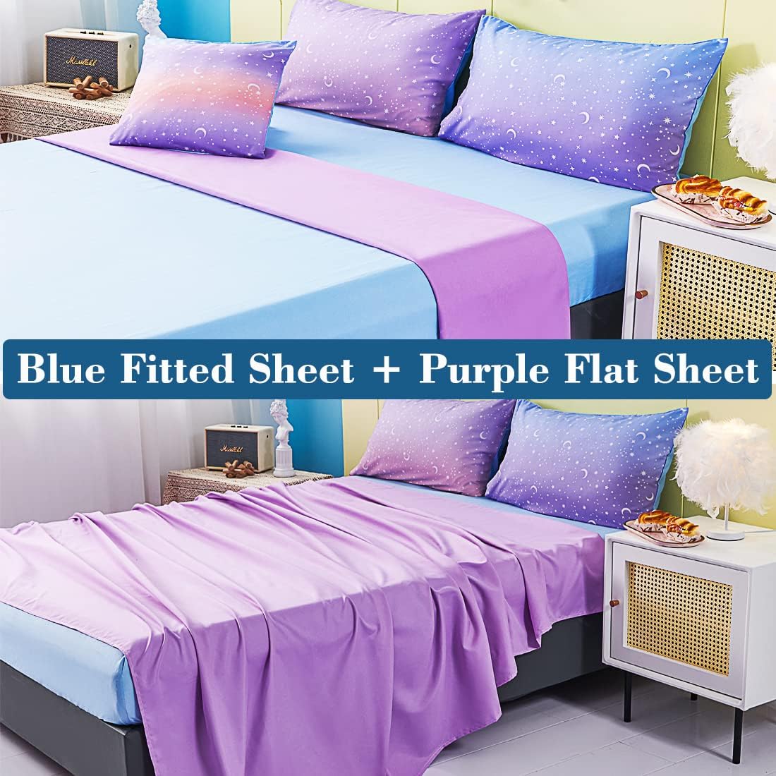 URBONUR Girls Comforter Set Queen 6PCS Gradient Purple Orange Glitter Moon Star Printed Bed in a Bag Soft Breathable Bedding Set for All Season (Star, Queen Size)