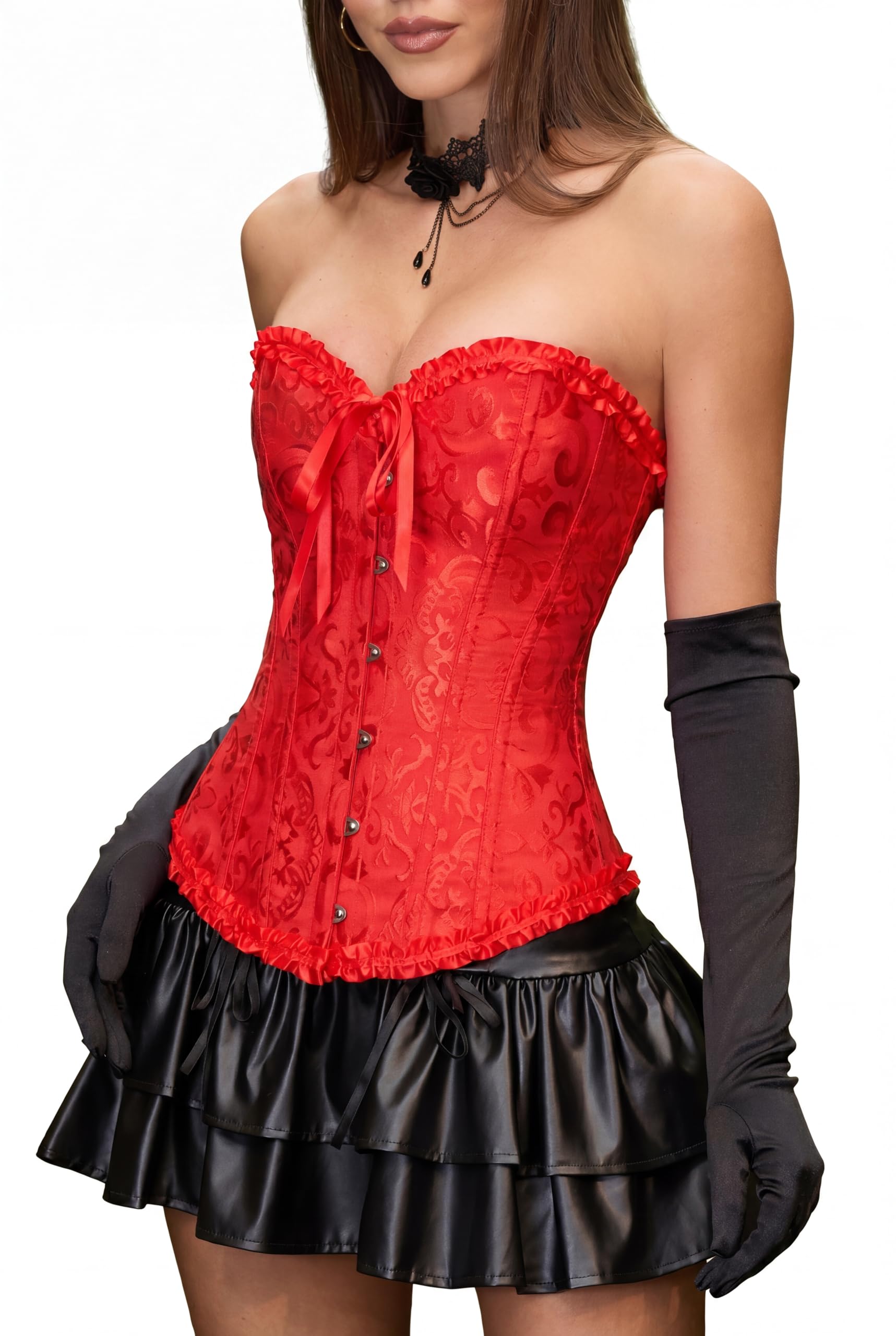SZIVYSHI Women's Overbust Sweetheart Lace Up Plastic Bones Corset Bustier Top (Red, L)