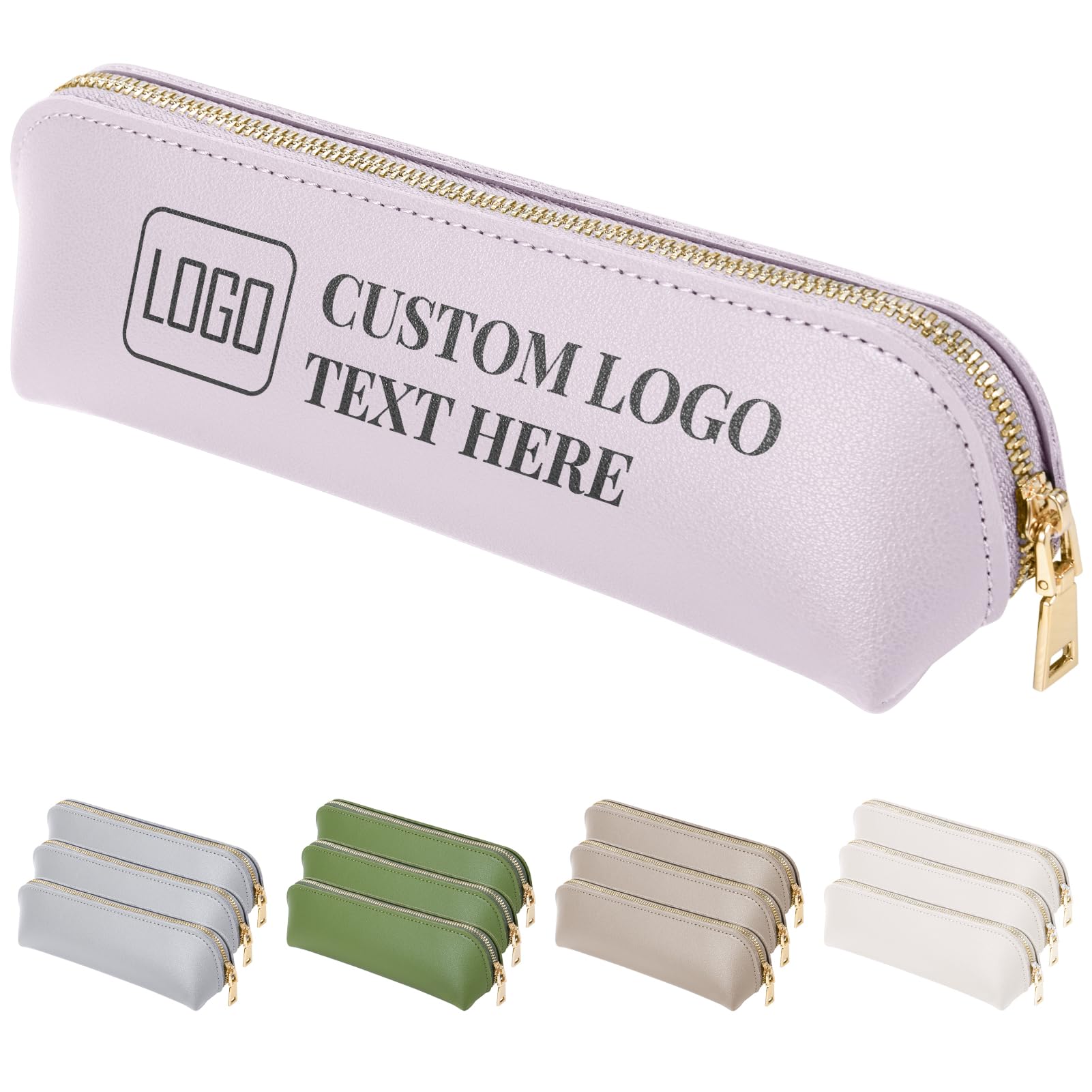 Fyore 8 Pack Personalised Pencil Case with Logo Text - Bulk Custom Leather Slim Pen Bag with Metallic Zipper for Students & Office