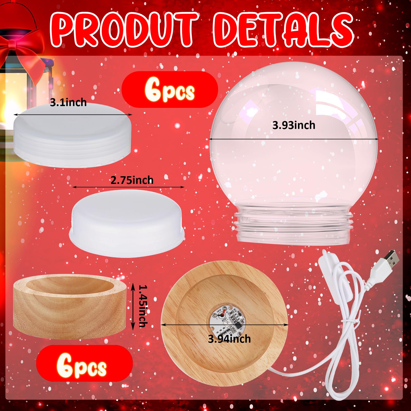 Irenare Kit di 12 sfere di neve fai da te, 6 sfere di neve con 6 luci a LED, base in legno trasparente, cupola in plastica trasparente, per decorazioni natalizie, souvenir, piante, terrario (base in