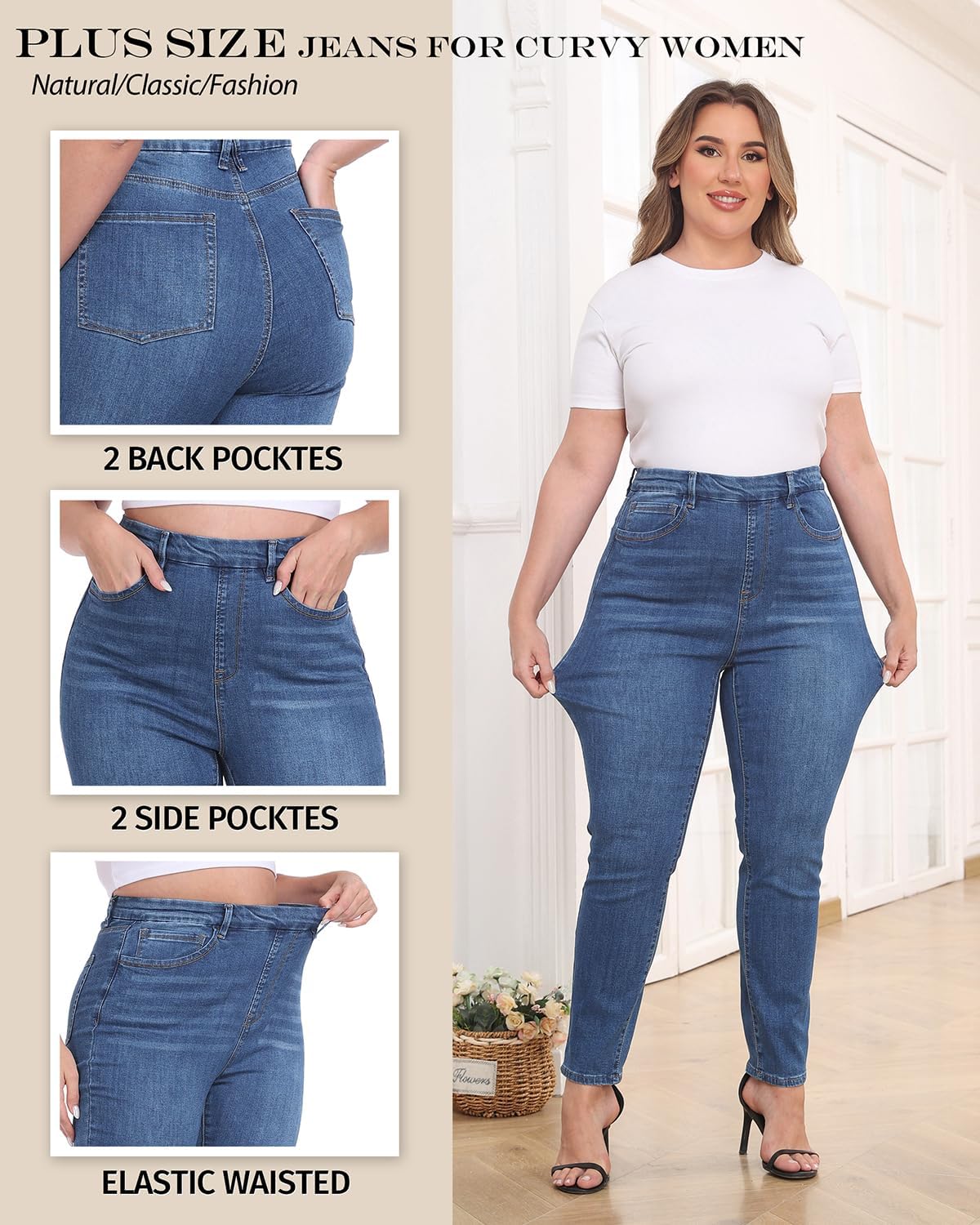 Plus Size Jeans for Curvy Women High Waist Stretchy Cropped Pants Denim Jeggings with Pockets - Image 5