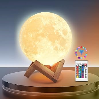 Moon Lamp 3D 15 cm/5.9 Inch Night Light Upgraded 16 Colour Setting Wooden Stand Remote Control and USB Charging Moonlight Decor for Adults Girls Children Birthday Valentine's Day Gifts for Women
