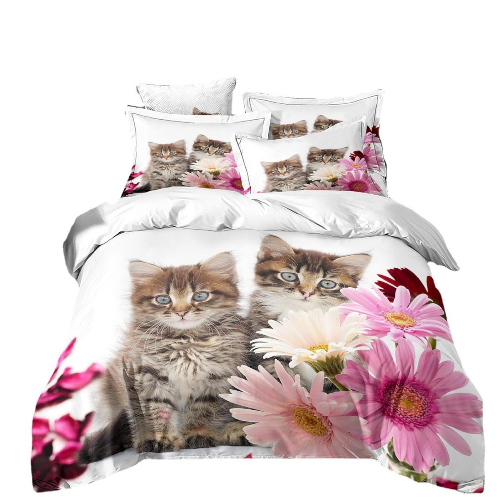 Double Duvet Set Flower White Cat Bedding Double Bed Set