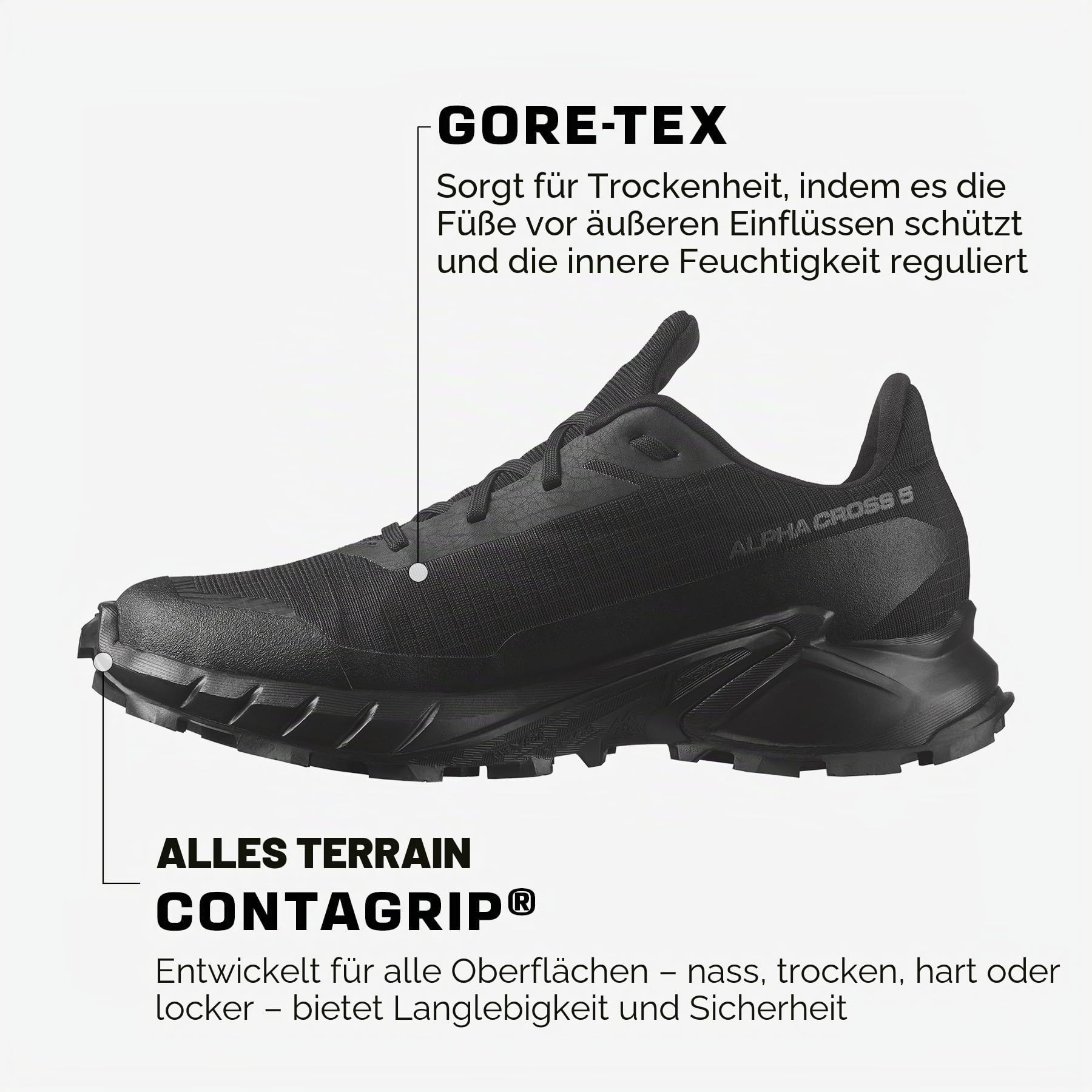 Salomon Alphacross 5 Gore-Tex Damen Wasserdichte Trailrunningschuhe, Starker Grip, Wasser- und Wetterschutz, Anhaltender Komfort, Black, 36