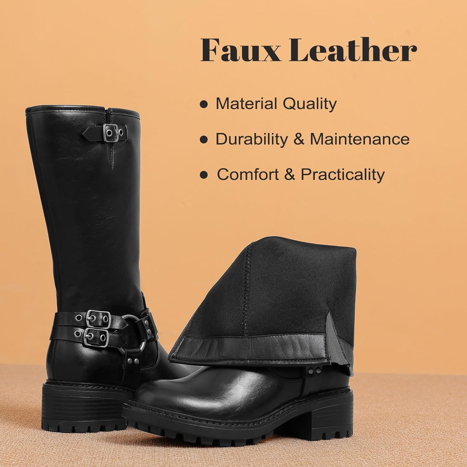 Ruiee Mid Calf Boots for Women Flat Casual Round Toe Fashion Calf High Boot Buckle Dressy Fall and Winter Low Heeled Womens Boots.
