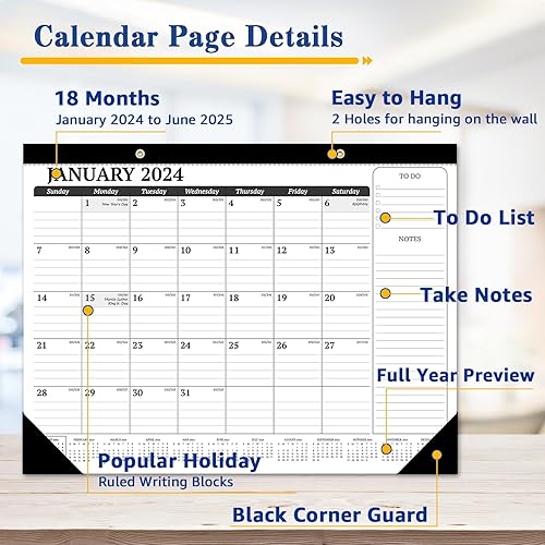 Miniatura 3 de Umriox Calendario de escritorio grande, calendario de escritorio de 18 meses, 22 x 17 pulgadas, desde enero de 2024 hasta junio de 2025, calendario