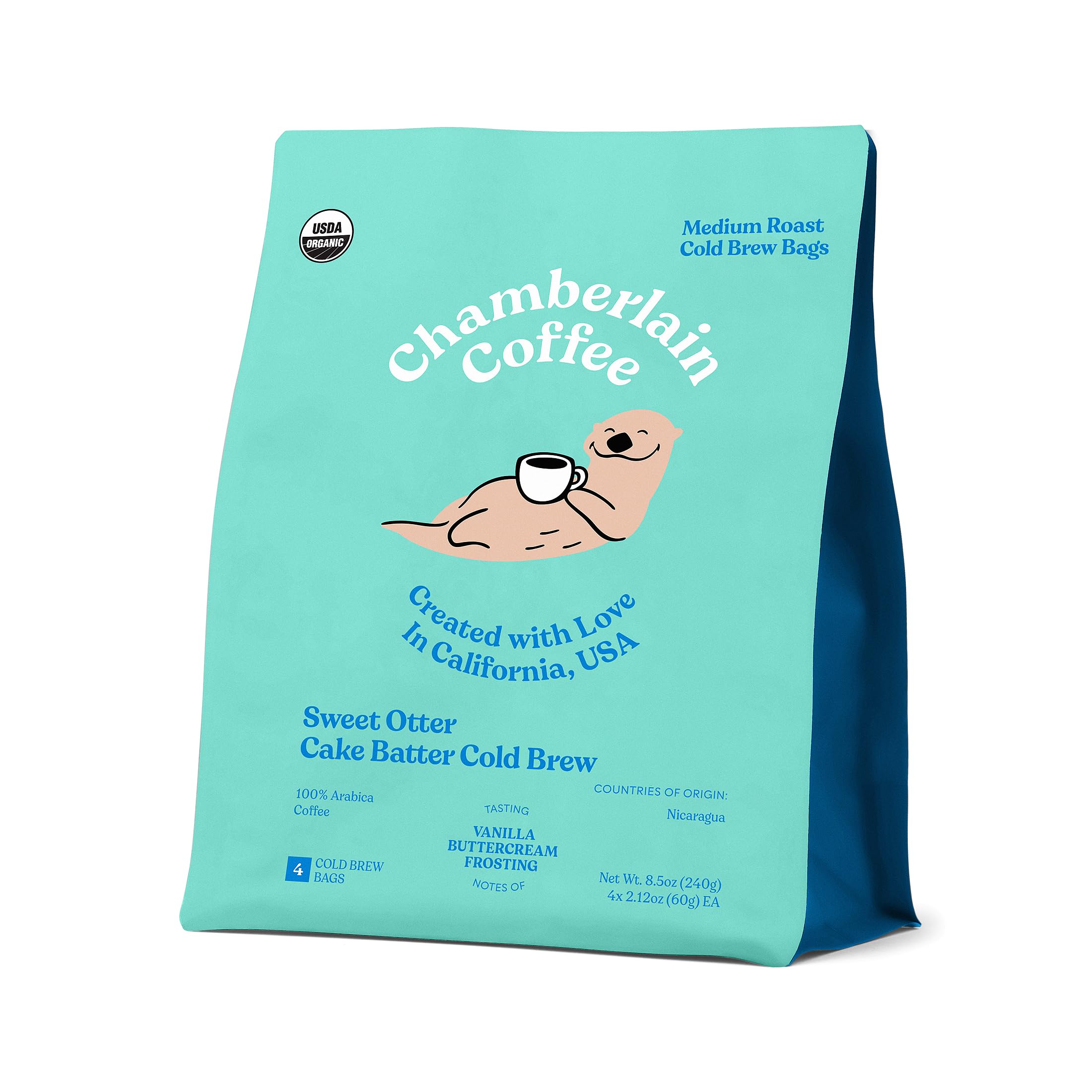 Chamberlain Coffee Sweet Otter Cake Batter - XL Cold Brew Bags - Premeasured, Ready to Brew - Contains 4 Packs, Makes 4 Cups Per Pack- 8.5 Oz