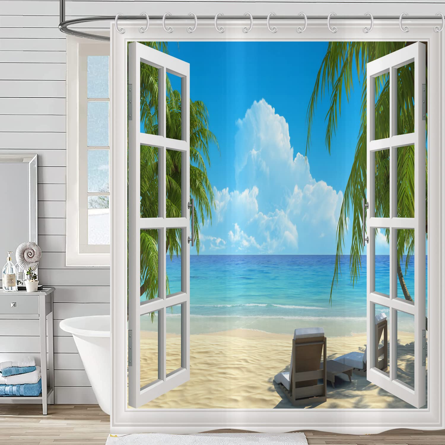 Tropical Beach Shower Curtain 180x220, Hnmdmyi Ocean Island Hawaiian Palm Tree Through White Wooden Windows Seaside Nature Scenery Bathroom Curtains Waterproof Fabric Washable Bath Curtains with Hooks