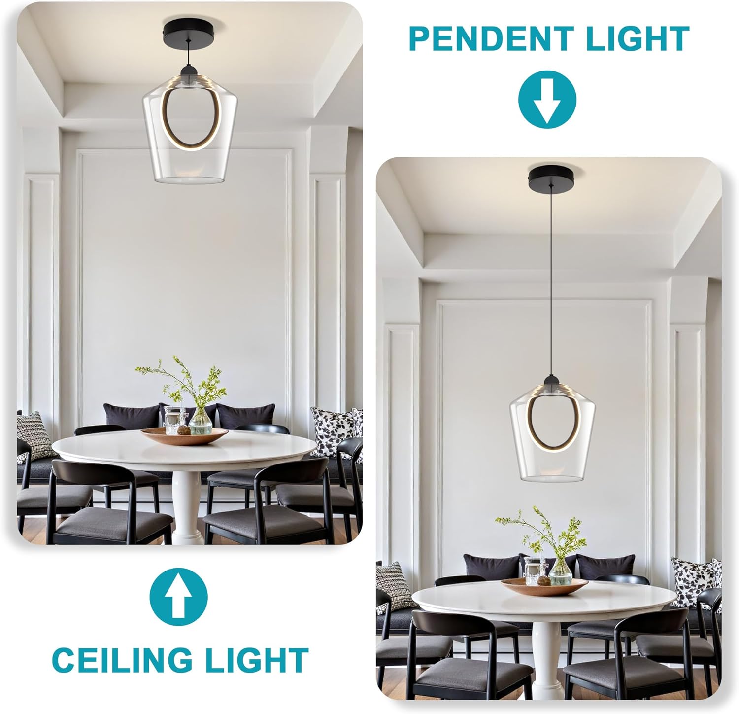 Modern Glass Pendant Lighting for Kitchen Island 1 Pack, Black LED Pendant Light Fixtures 3000K, Dimmable, Adjustable Hanging Ceiling Light, Angled Clear Glass Shades 8 Inch, ETL Certified