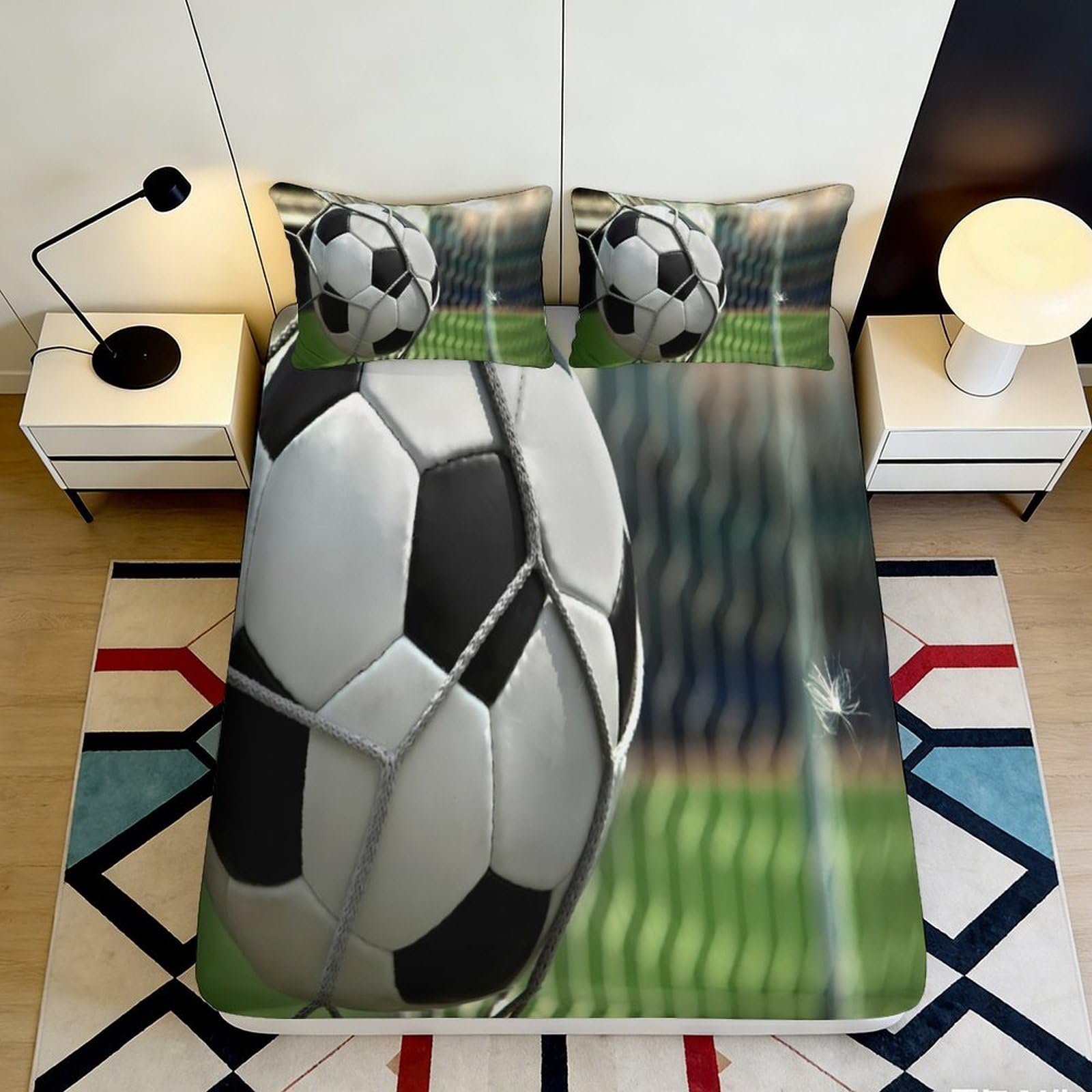 3D Printed Soccer Goal Fitted Sheet Microfiber Soft Breathable Football Net Bed Cover for Bedroom Dorm Mattress Protection Decor 120x200x25cm